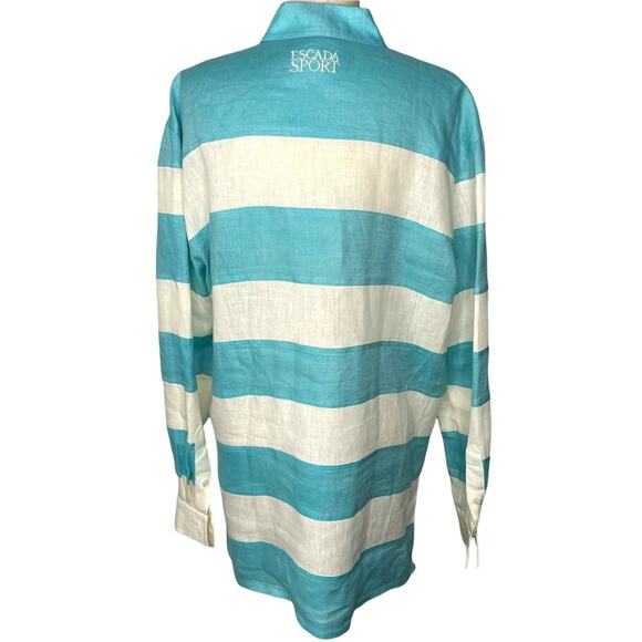 Escada Sport Linen Blouse Button Down Stripe Blue White L EUC - Picture 2 of 15